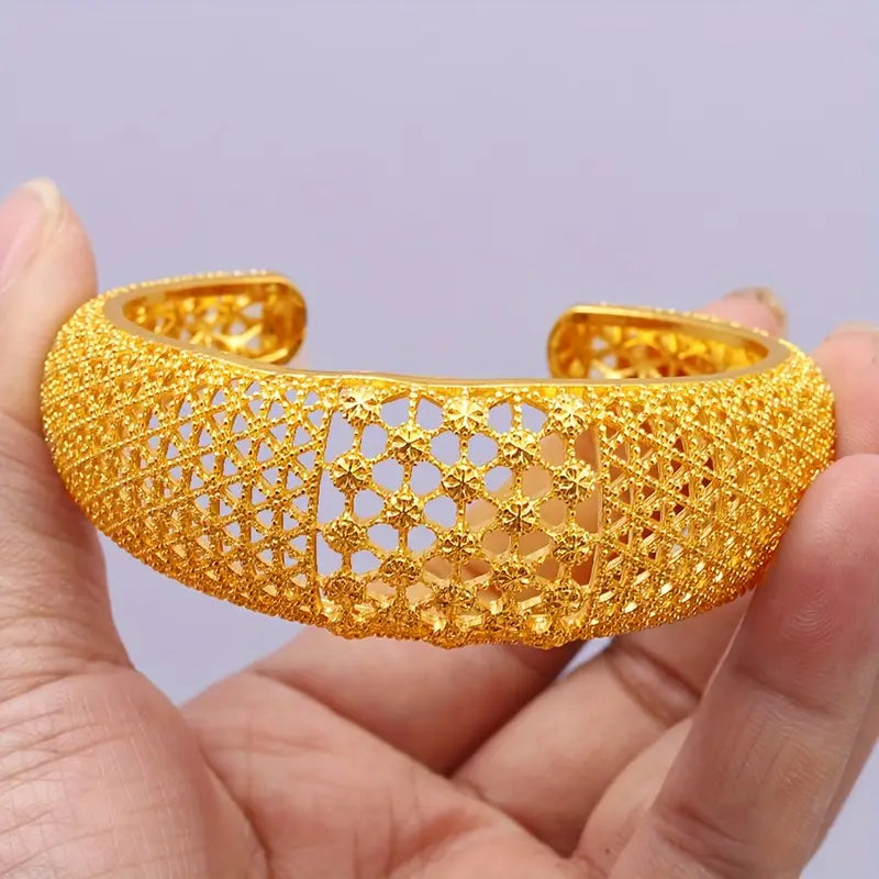 1pc, Golden Hollow Texture Wide Cuff Bangle, Adjustable Open Design