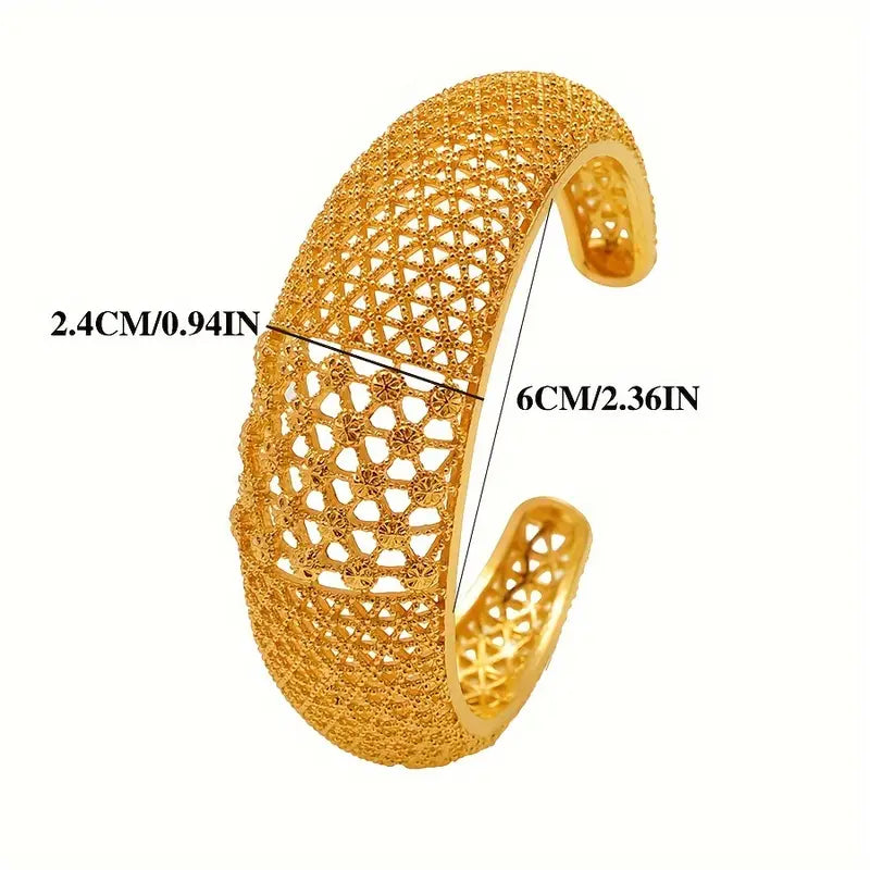1pc, Golden Hollow Texture Wide Cuff Bangle, Adjustable Open Design