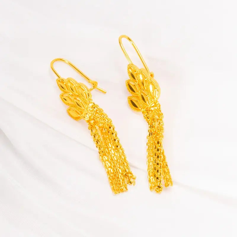 24K Golden Plated Vintage Wheat Ear Leaf Earrings with Tassels, Copper Material Pendant Earrings