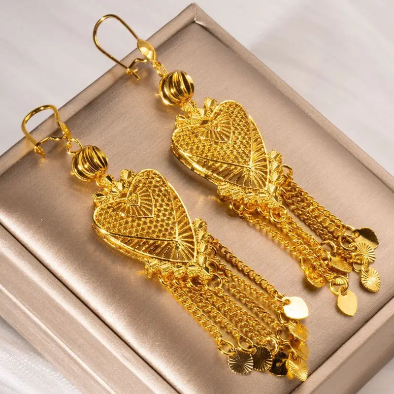 Boho-Chic Gold-Plated Heart Tassel Earrings