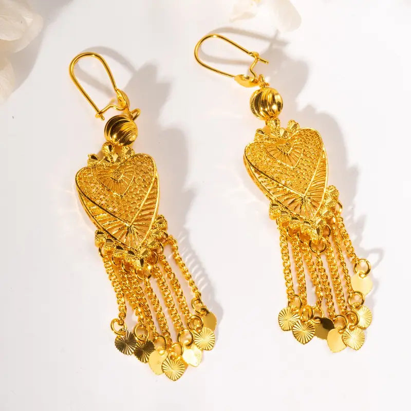 Boho-Chic Gold-Plated Heart Tassel Earrings