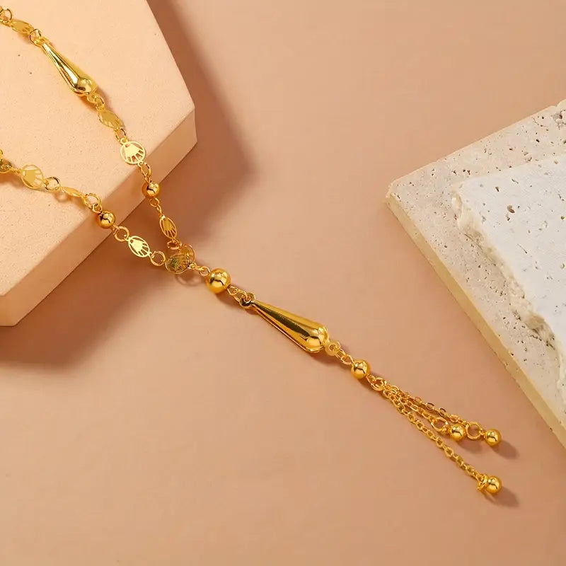 Elegant Bohemian Golden-Tone Beaded Long Necklace with Teardrop Pendant - Versatile Party Jewelry for Women