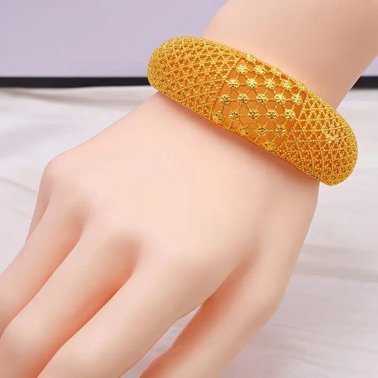 1pc, Golden Hollow Texture Wide Cuff Bangle, Adjustable Open Design