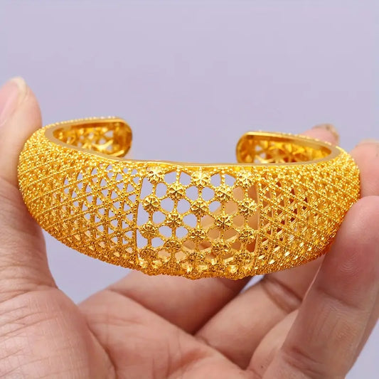 1pc, Golden Hollow Texture Wide Cuff Bangle, Adjustable Open Design