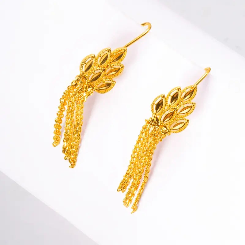 24K Golden Plated Vintage Wheat Ear Leaf Earrings with Tassels, Copper Material Pendant Earrings