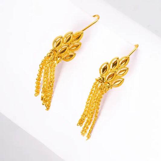 24K Golden Plated Vintage Wheat Ear Leaf Earrings with Tassels, Copper Material Pendant Earrings
