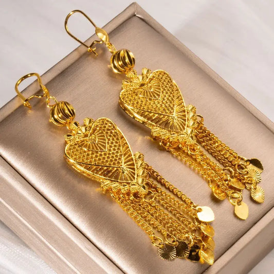 Boho-Chic Gold-Plated Heart Tassel Earrings