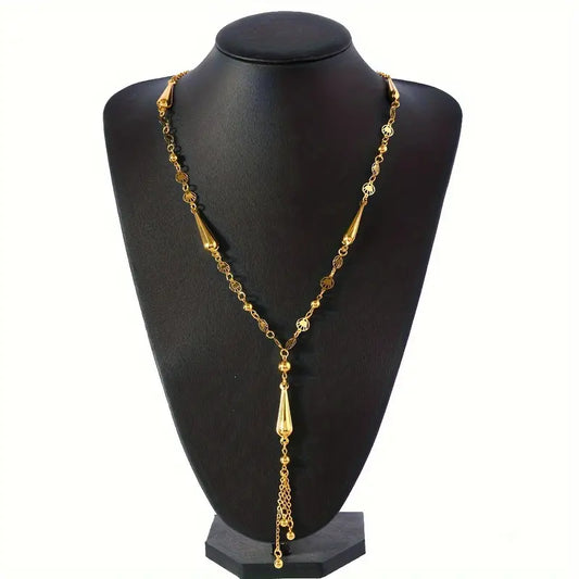 Elegant Bohemian Golden-Tone Beaded Long Necklace with Teardrop Pendant - Versatile Party Jewelry for Women