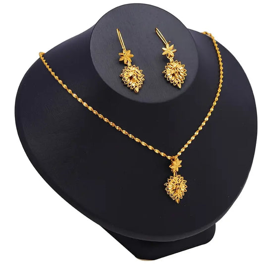 22K Golden Plated Jewelry Set, Leaf Design Earrings And Necklace