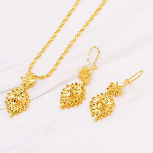 22K Golden Plated Jewelry Set, Leaf Design Earrings And Necklace