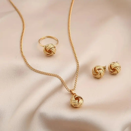 1 Necklace + 1 Ring + 1 Pair of Earrings, Golden Metal Braided Ball Pendant Ring and Earring Set for Women's Fashion Jewelry