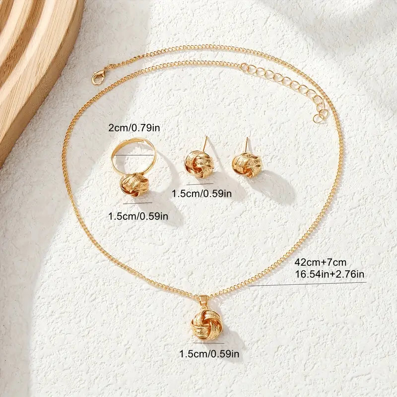 1 Necklace + 1 Ring + 1 Pair of Earrings, Golden Metal Braided Ball Pendant Ring and Earring Set for Women's Fashion Jewelry